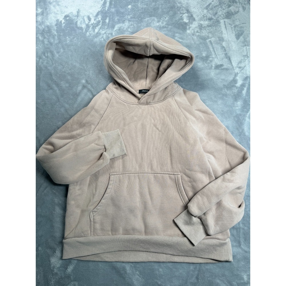 Automet Hoodie Womens Medium Beige Fleece Lined Kangaroo Pocket Ribbed Hem